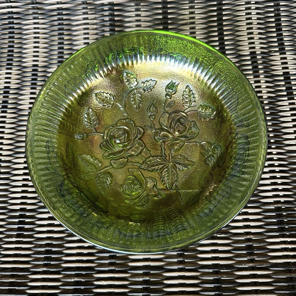 Imperial Glass Open Rose Bowl Carnival Glass Green‎ Iridescent Flowers MCM